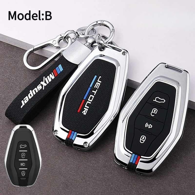 SANRILY Key Cover For Jetour Key Fob - Zinc Alloy & Leather Case For 4-Button Smart Key (Red Keyring)